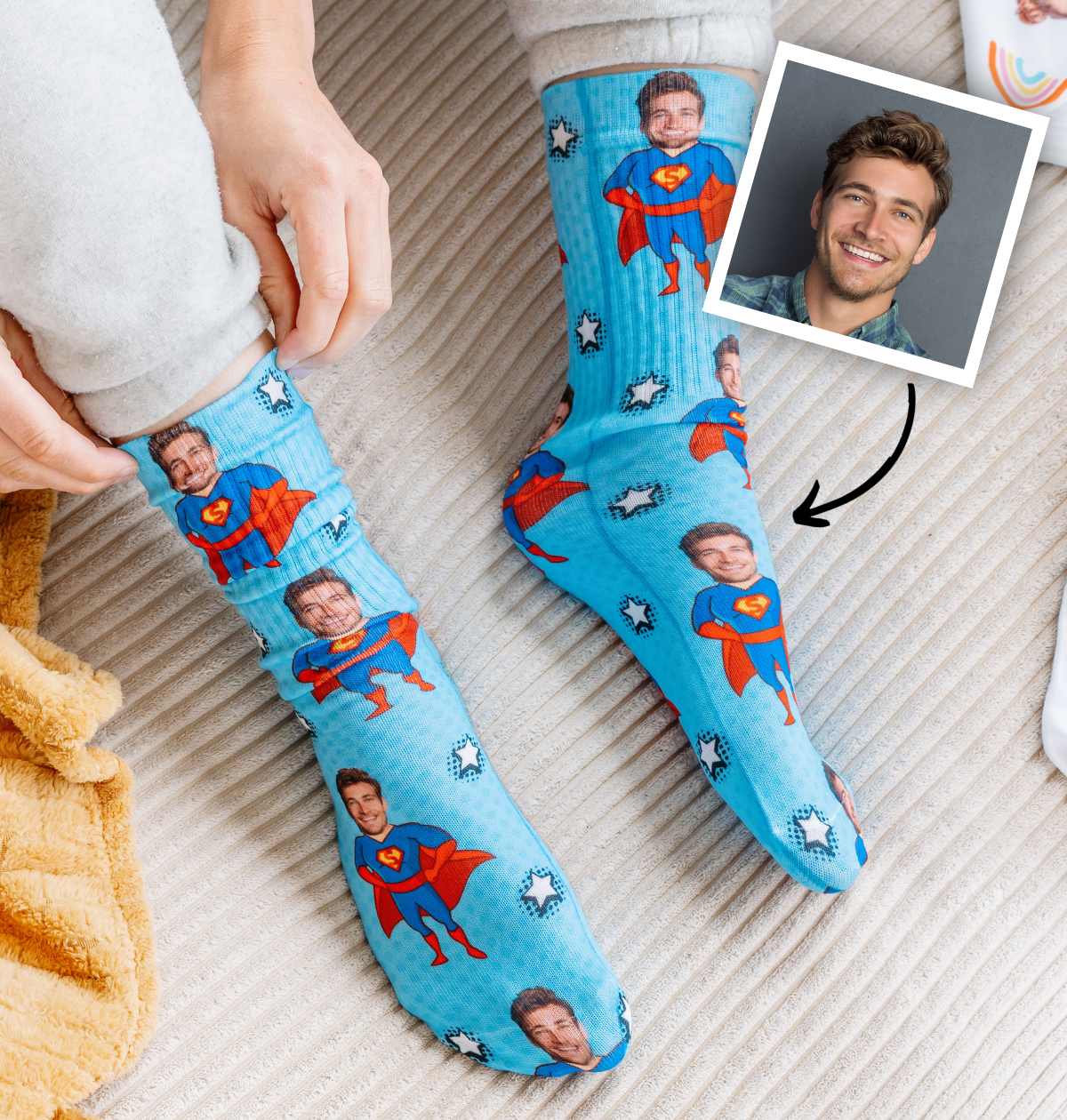 Personalisierbare Socken mit Gesicht und Superhelden, Fotogeschenk, Geburtstagsgeschenk, Geschenk Männer, Geschenk Freund, Geschenk Bruder, Geschenk Frauen, Geschenk Freundin, Geschenk Schwester, Geschenk Mama, Geschenk Papa, Witzige Geschenke, Romantische Geschenke, Hochzeitsgeschenk, Geschenk, Geschenkidee